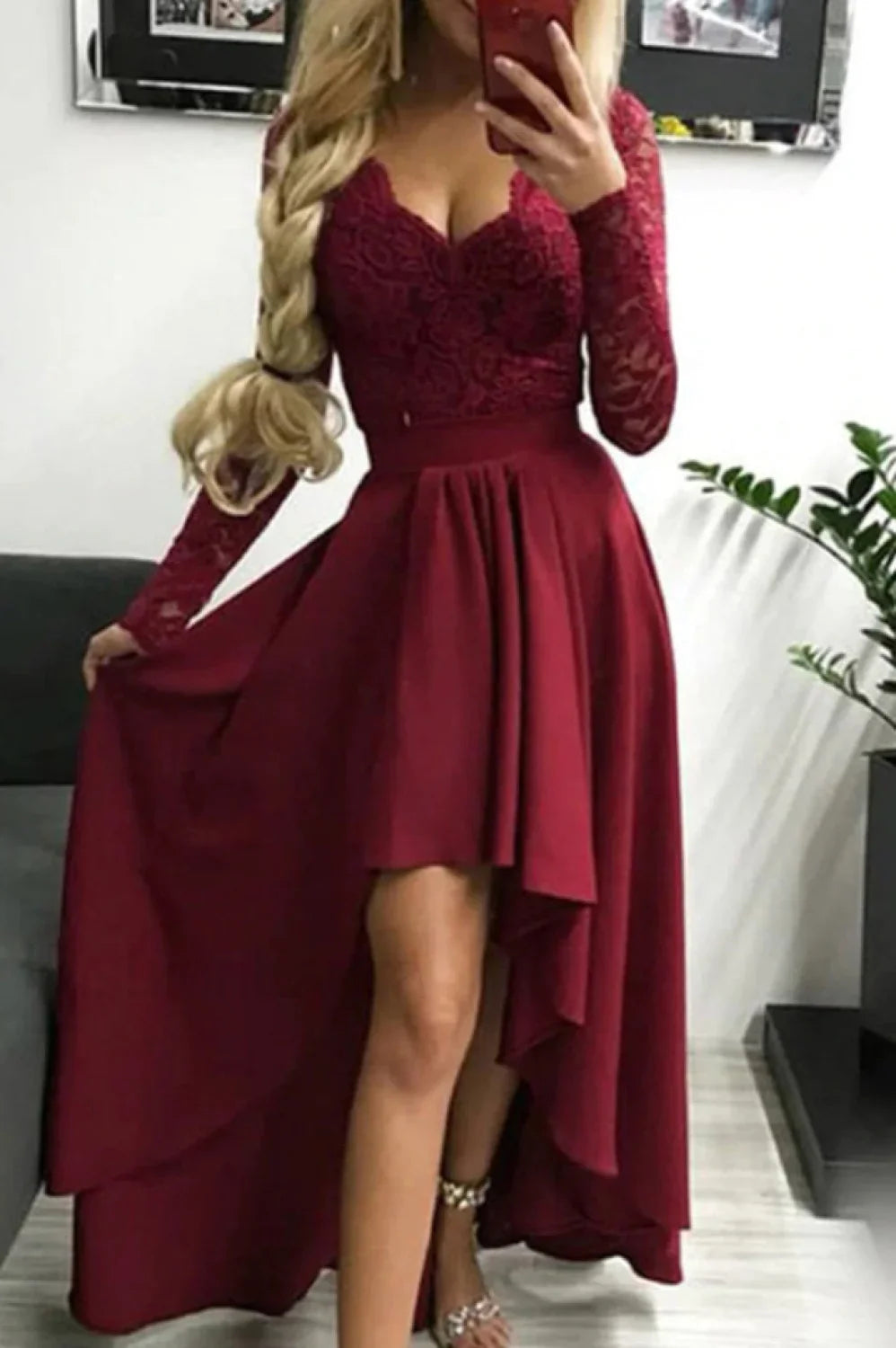 Floral Lace Satin Charming Maxi Prom Dress