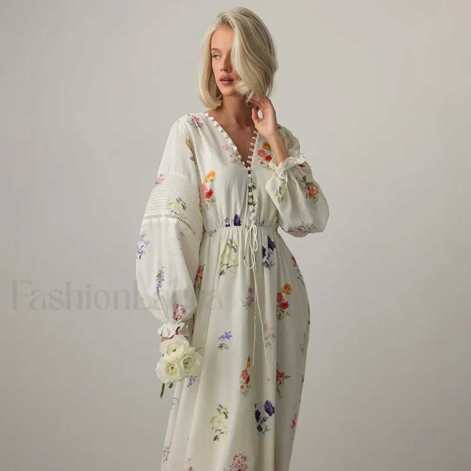 Floral Lantern-Sleeve Boho Dress