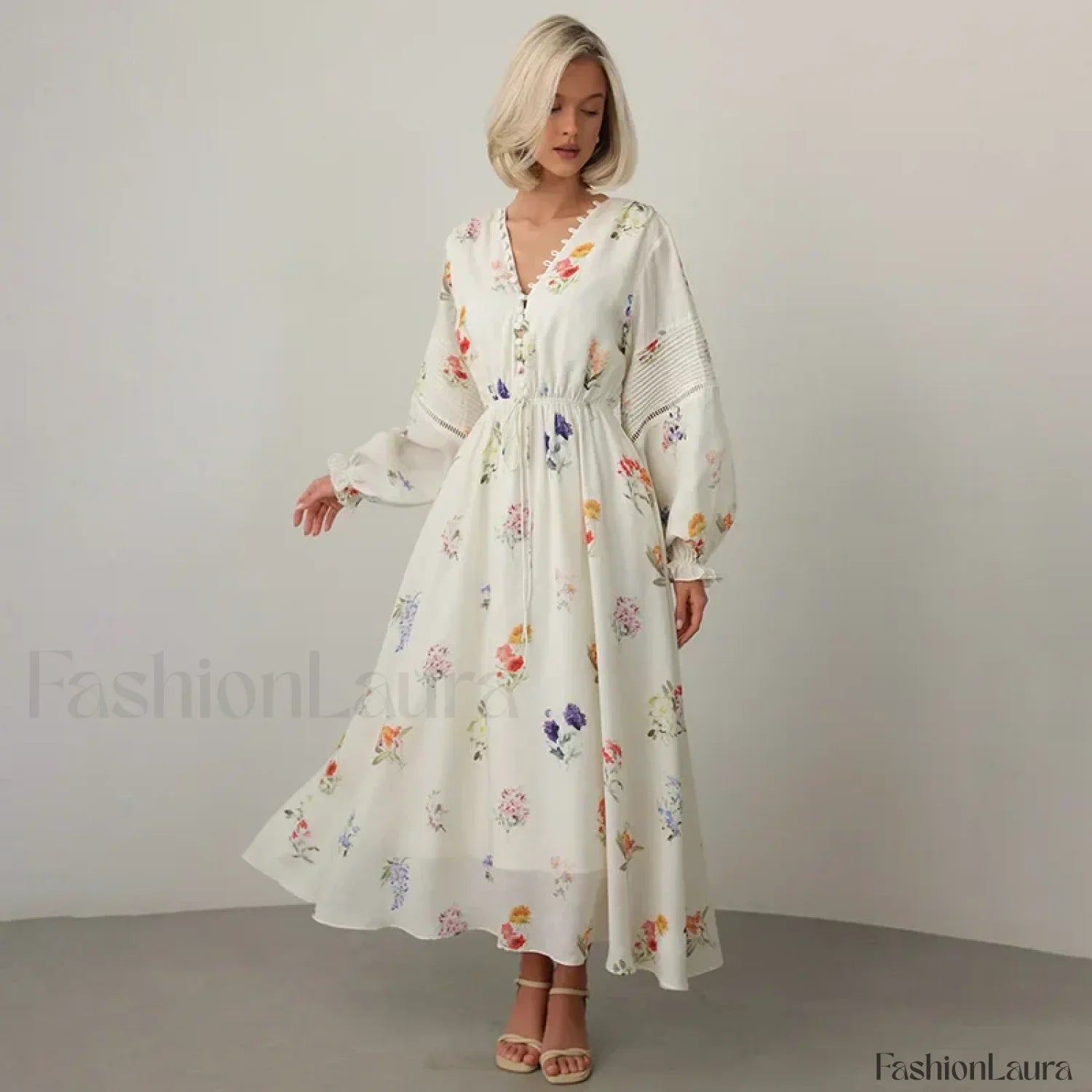 Floral Lantern-Sleeve Boho Dress