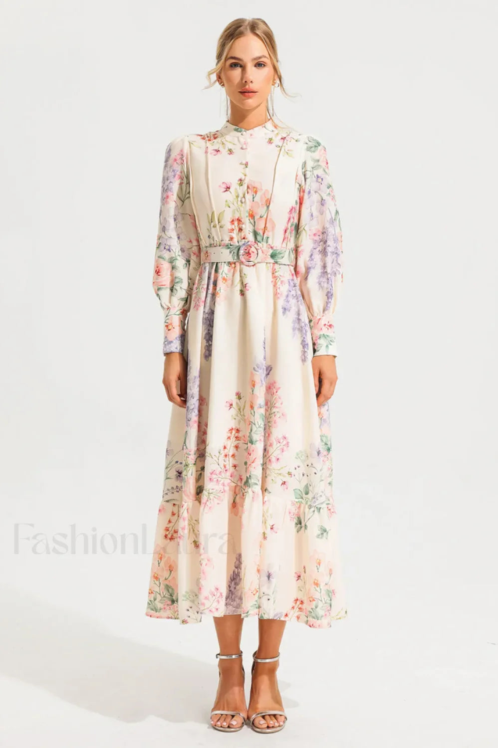 Floral Long Sleeve Charming Maxi Dress With Belt