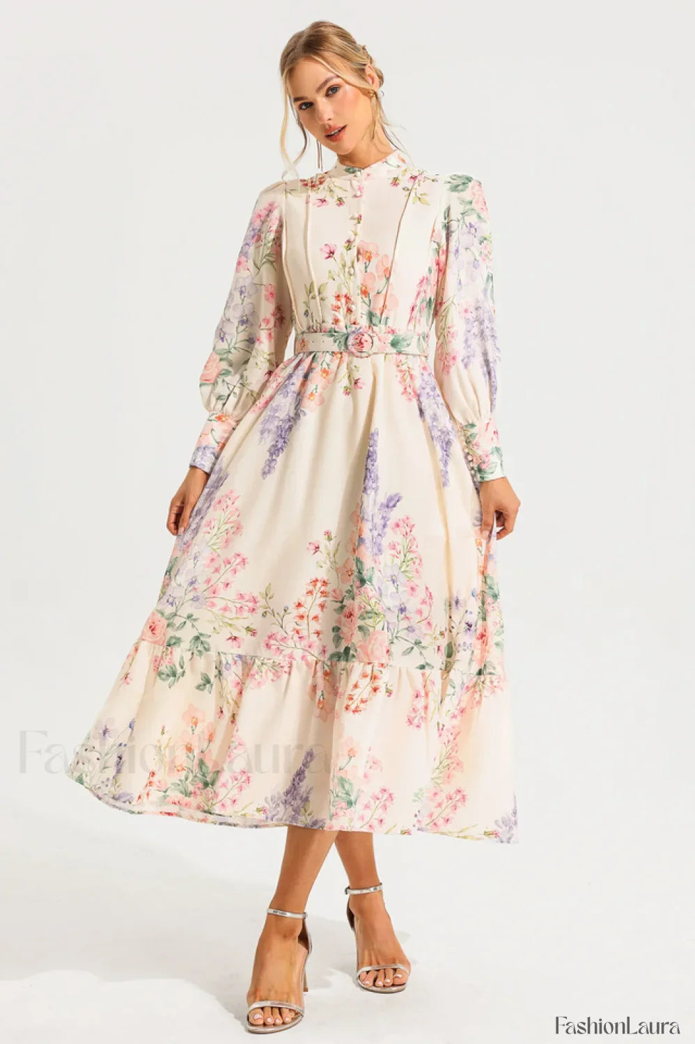 Floral Long Sleeve Charming Maxi Dress With Belt