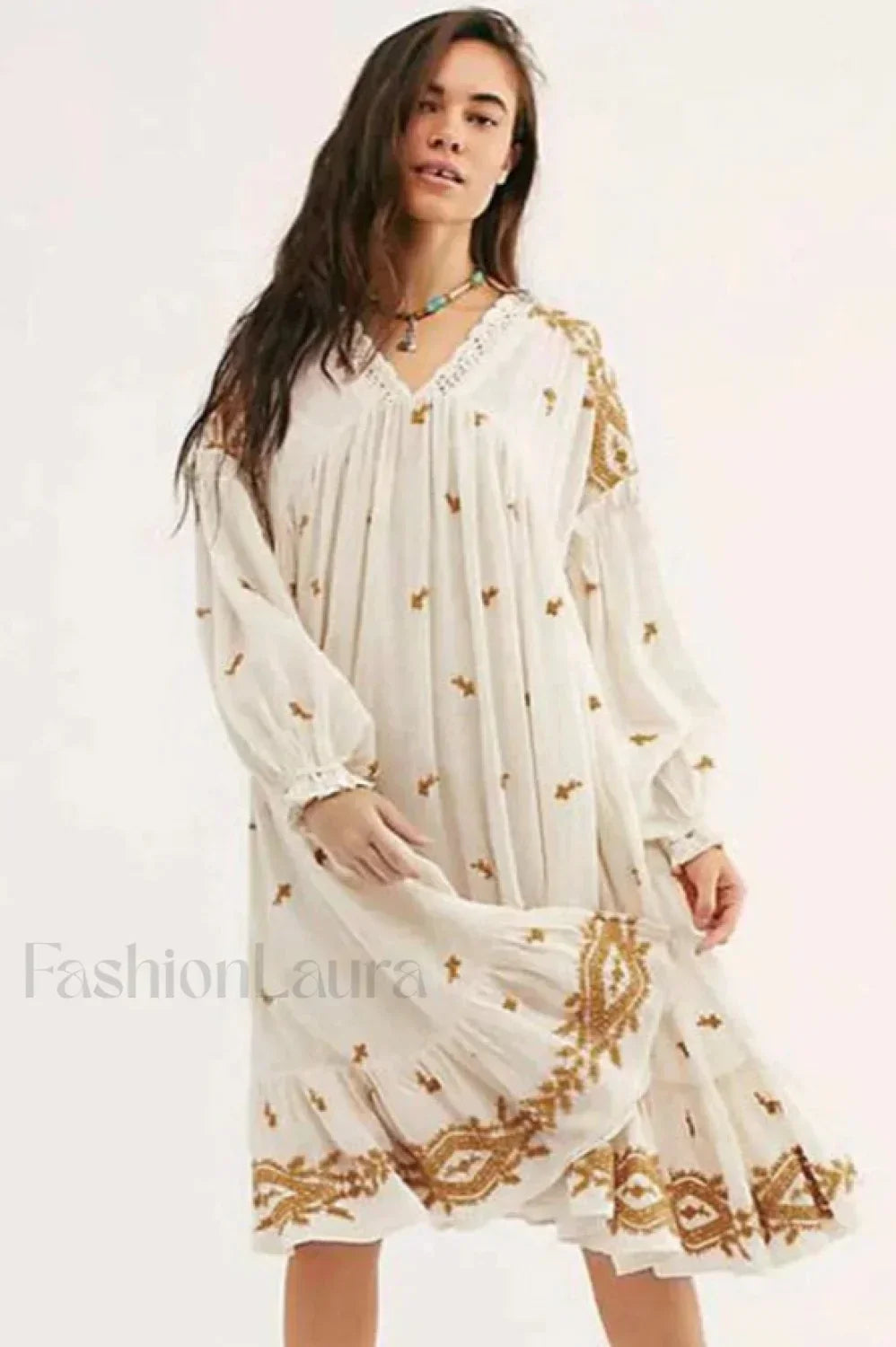 Floral Long Sleeve Midi Boho Dress