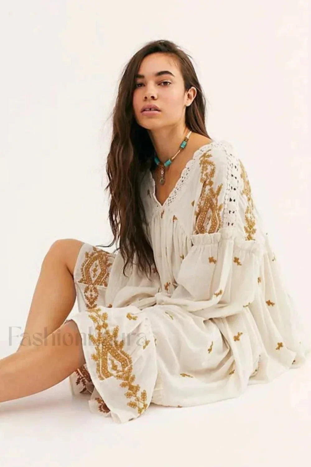 Floral Long Sleeve Midi Boho Dress Beige / S