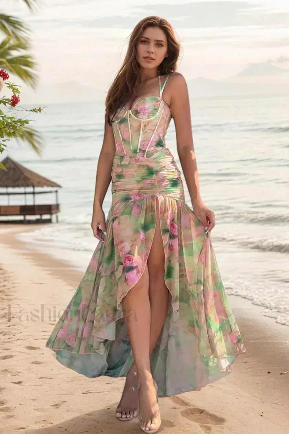 Floral Print Strappy Irregular Split Spice Girl Waist Cinched Maxi Dress Green / S