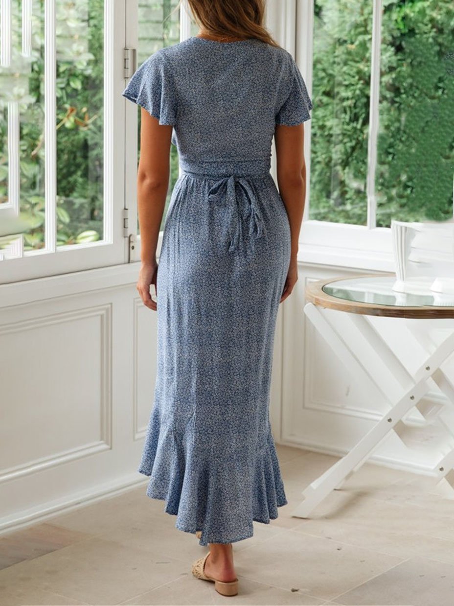 Floral Print V-Neck Flutter Sleeve Wrap High Low Midi Dress