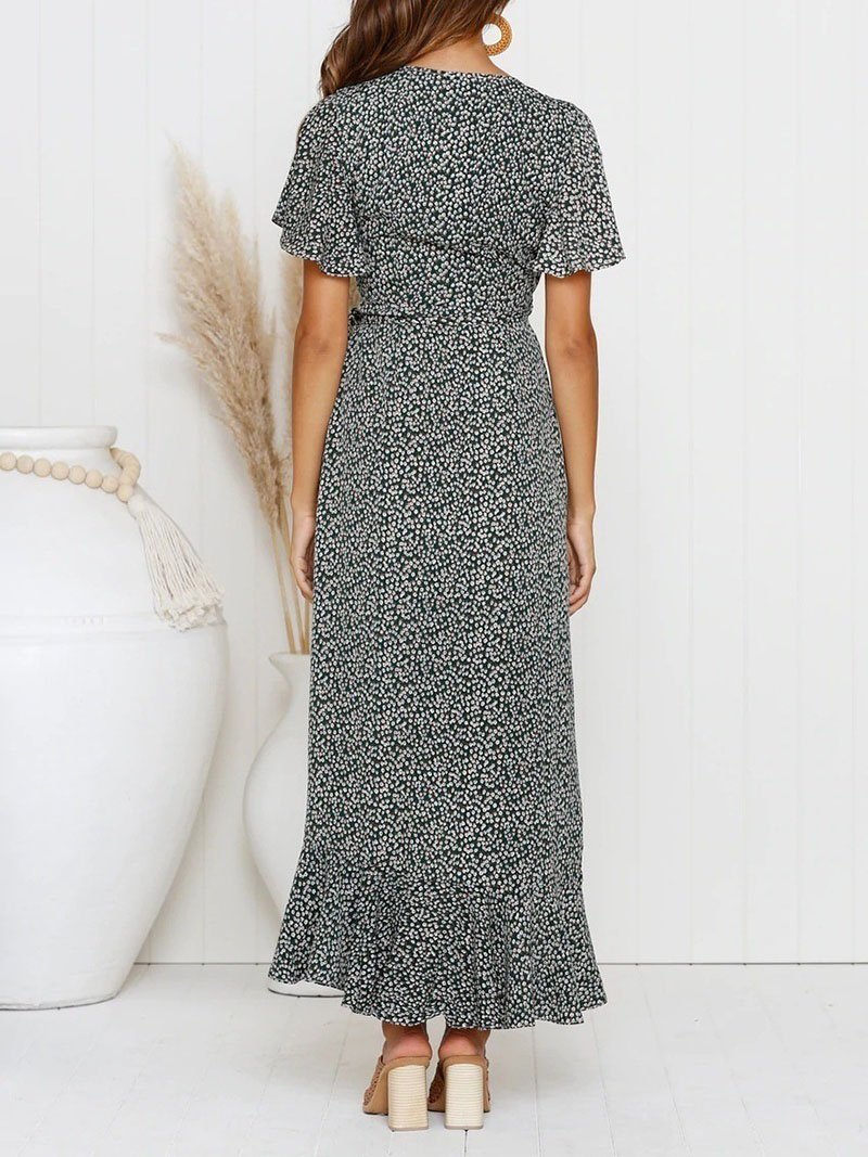 Floral Print V-Neck Flutter Sleeve Wrap High Low Midi Dress