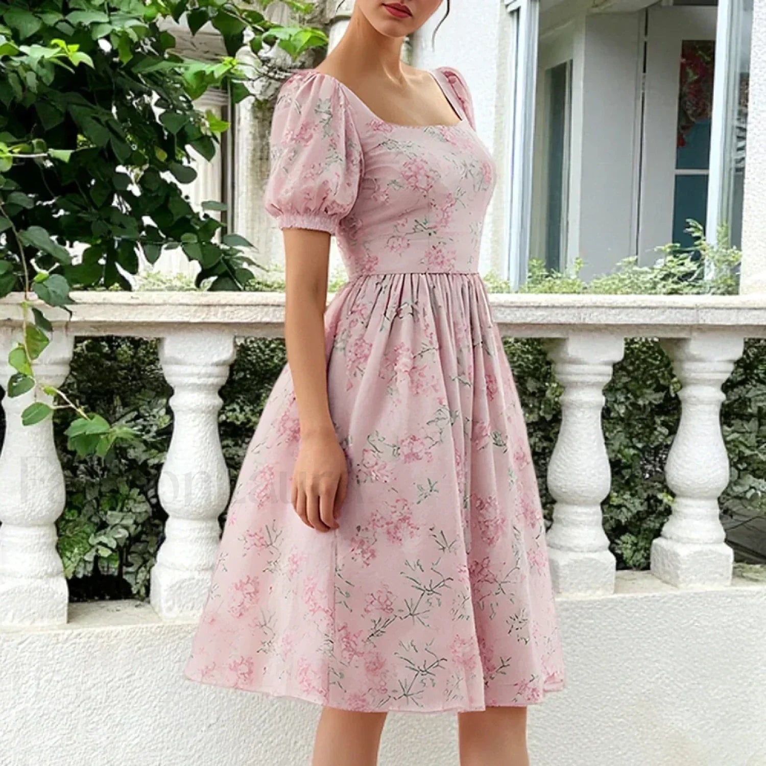 Floral Puff-Sleeve Midi Dress