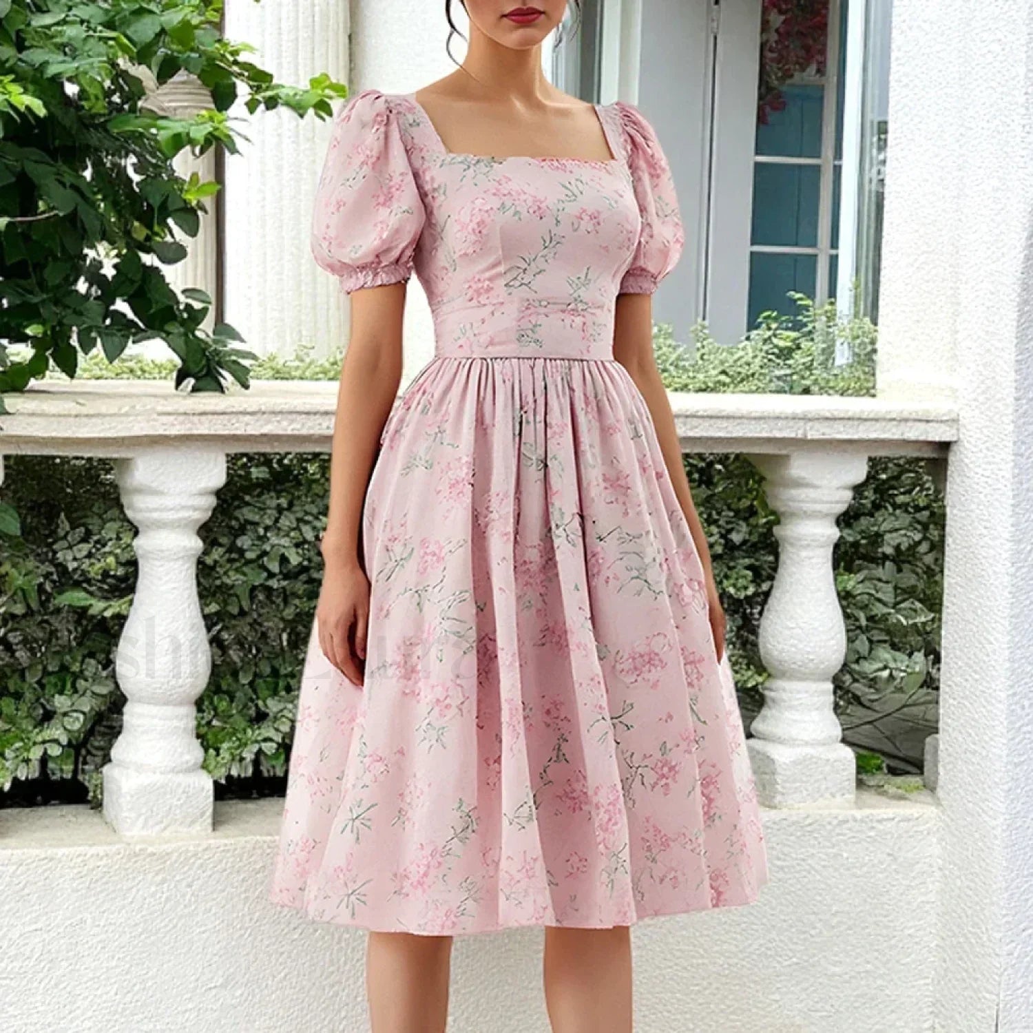 Floral Puff Sleeve Midi Dress Floral Pink / S