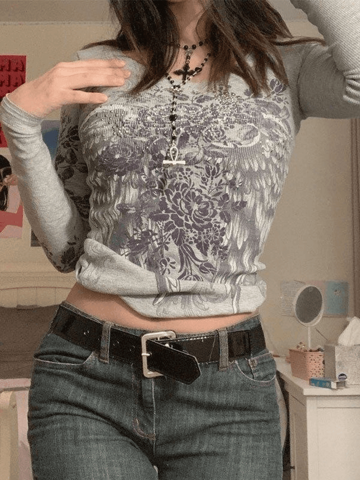 Scoop Neck Long Sleeve Floral Wing Print Fitted Crop Top
