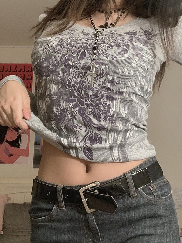 Scoop Neck Long Sleeve Floral Wing Print Fitted Crop Top 2