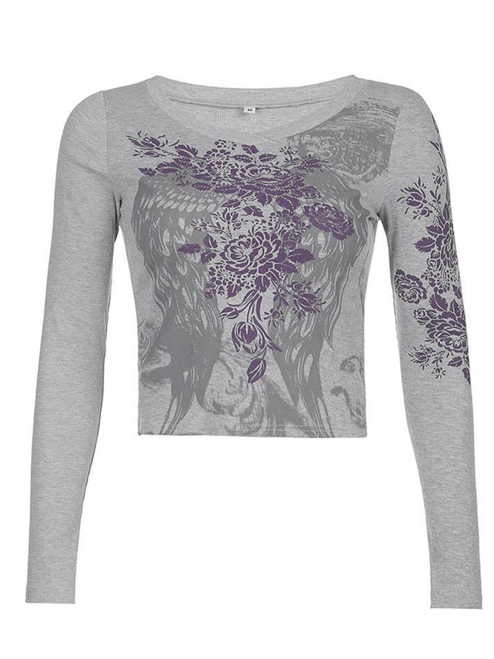 Scoop Neck Long Sleeve Floral Wing Print Fitted Crop Top 3