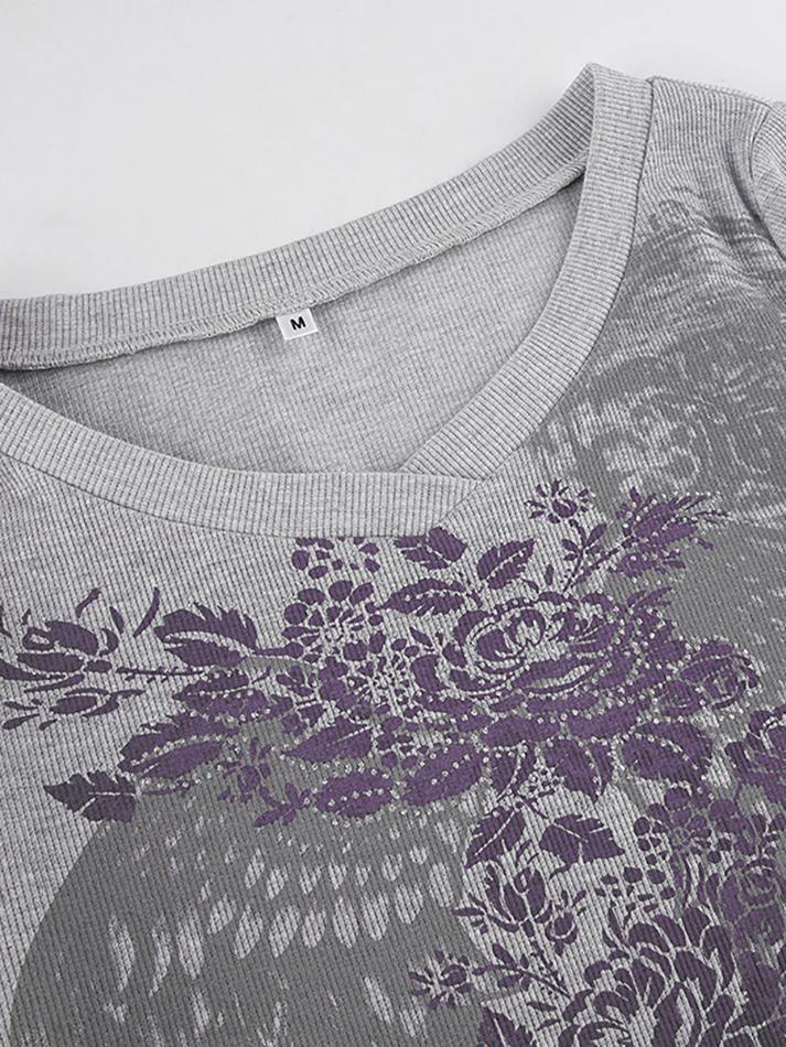Scoop Neck Long Sleeve Floral Wing Print Fitted Crop Top 8
