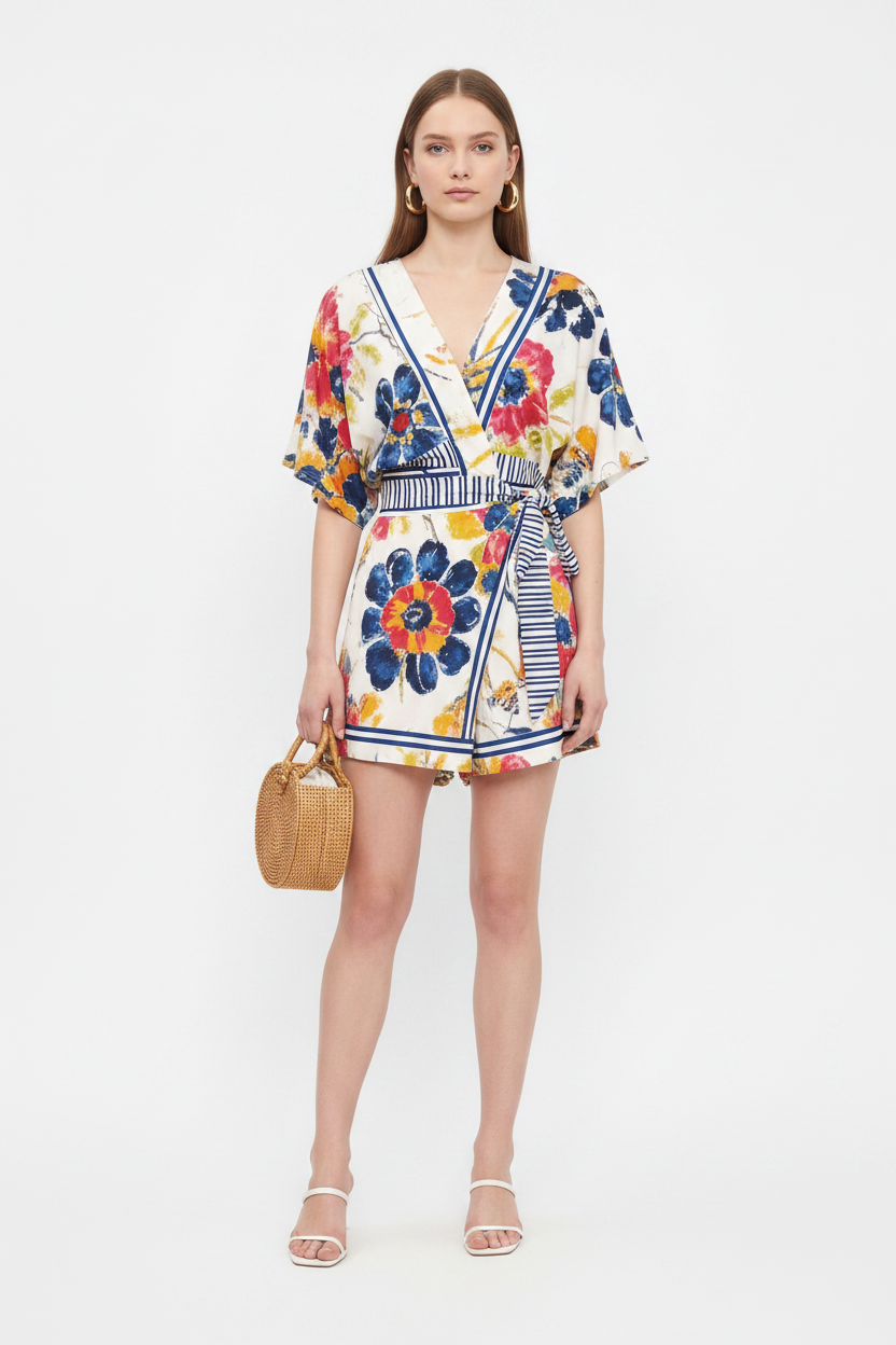 Elegant Floral Print Summer Romper with Adjustable Straps & Pockets