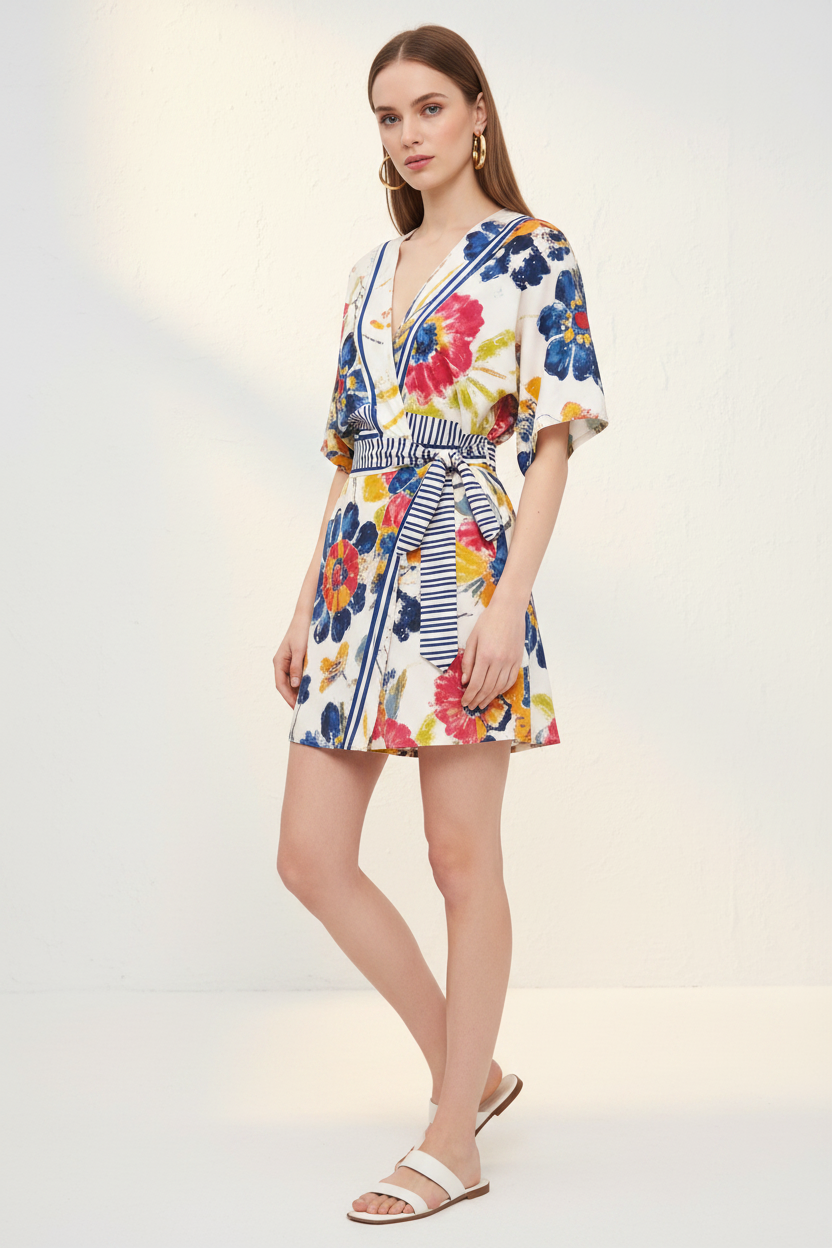 Elegant Floral Print Summer Romper with Adjustable Straps & Pockets