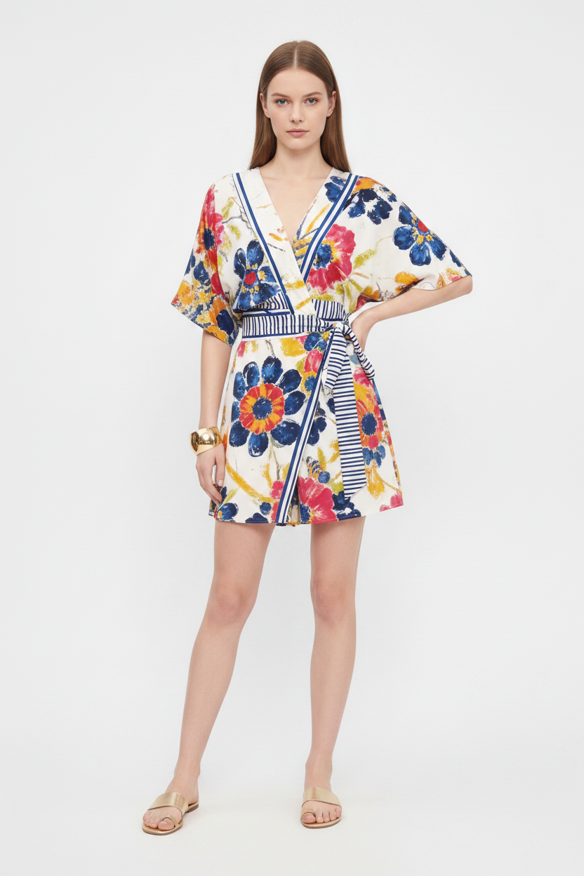 Elegant Floral Print Summer Romper with Adjustable Straps & Pockets