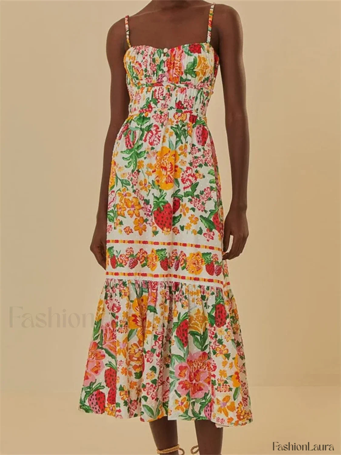 Floral Ruched Button Strap Maxi Dress