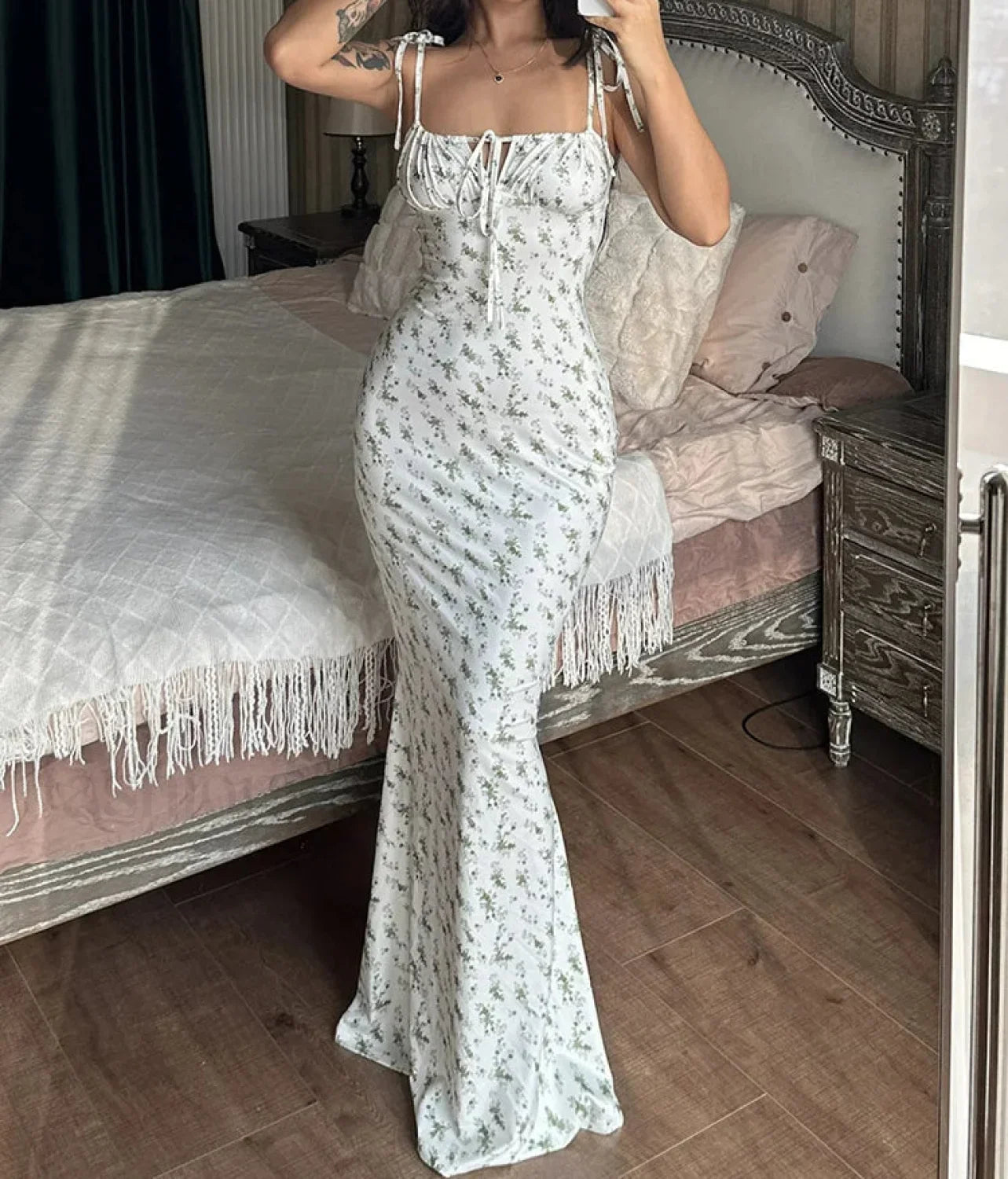 Floral Ruffle Lace-Up Maxi Dress