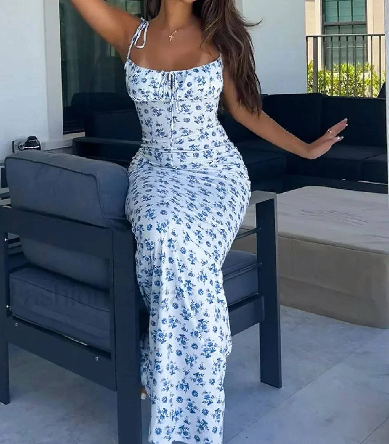 Floral Ruffle Lace-Up Maxi Dress