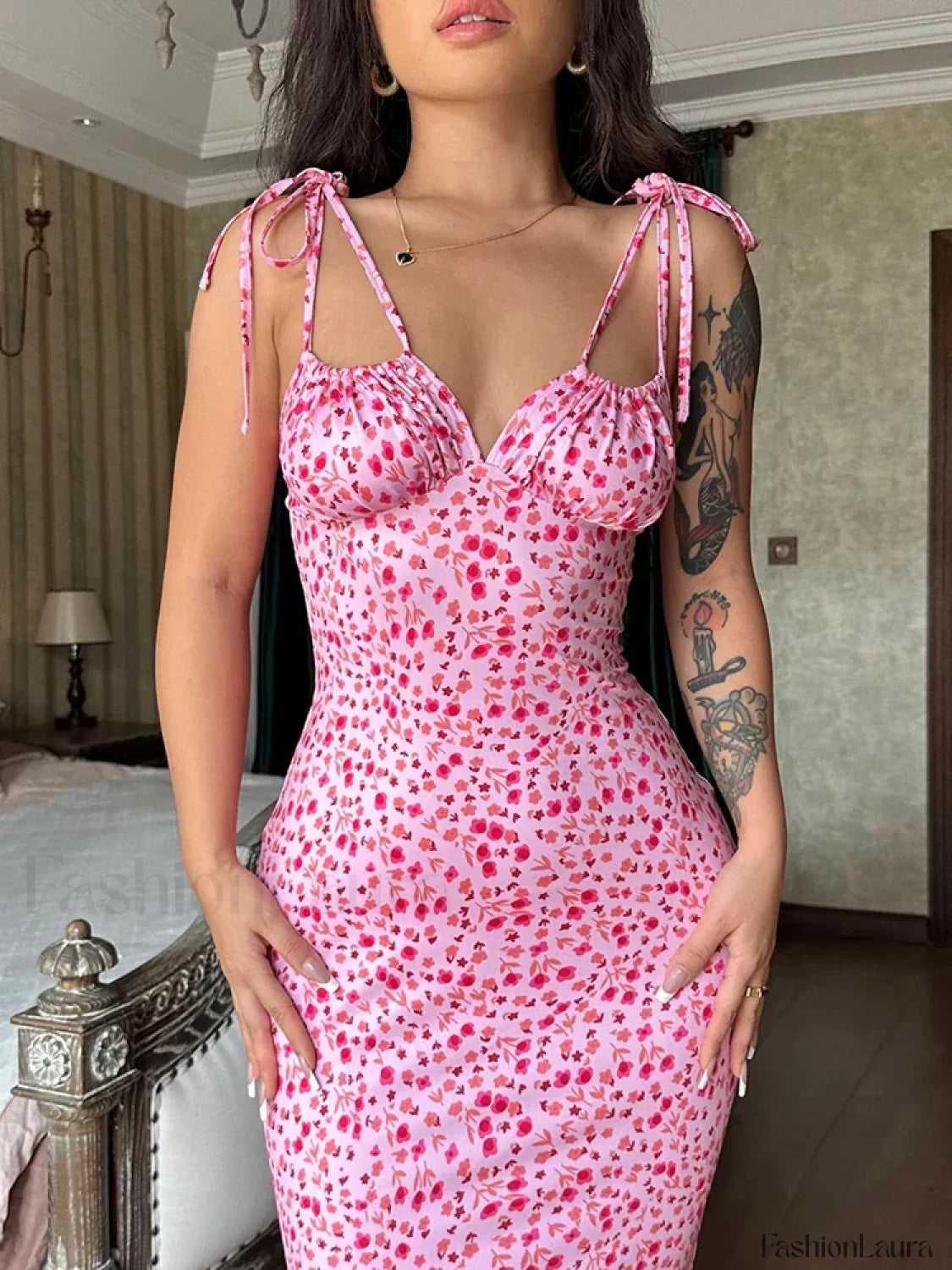 Floral Ruffle Lace-Up Maxi Dress