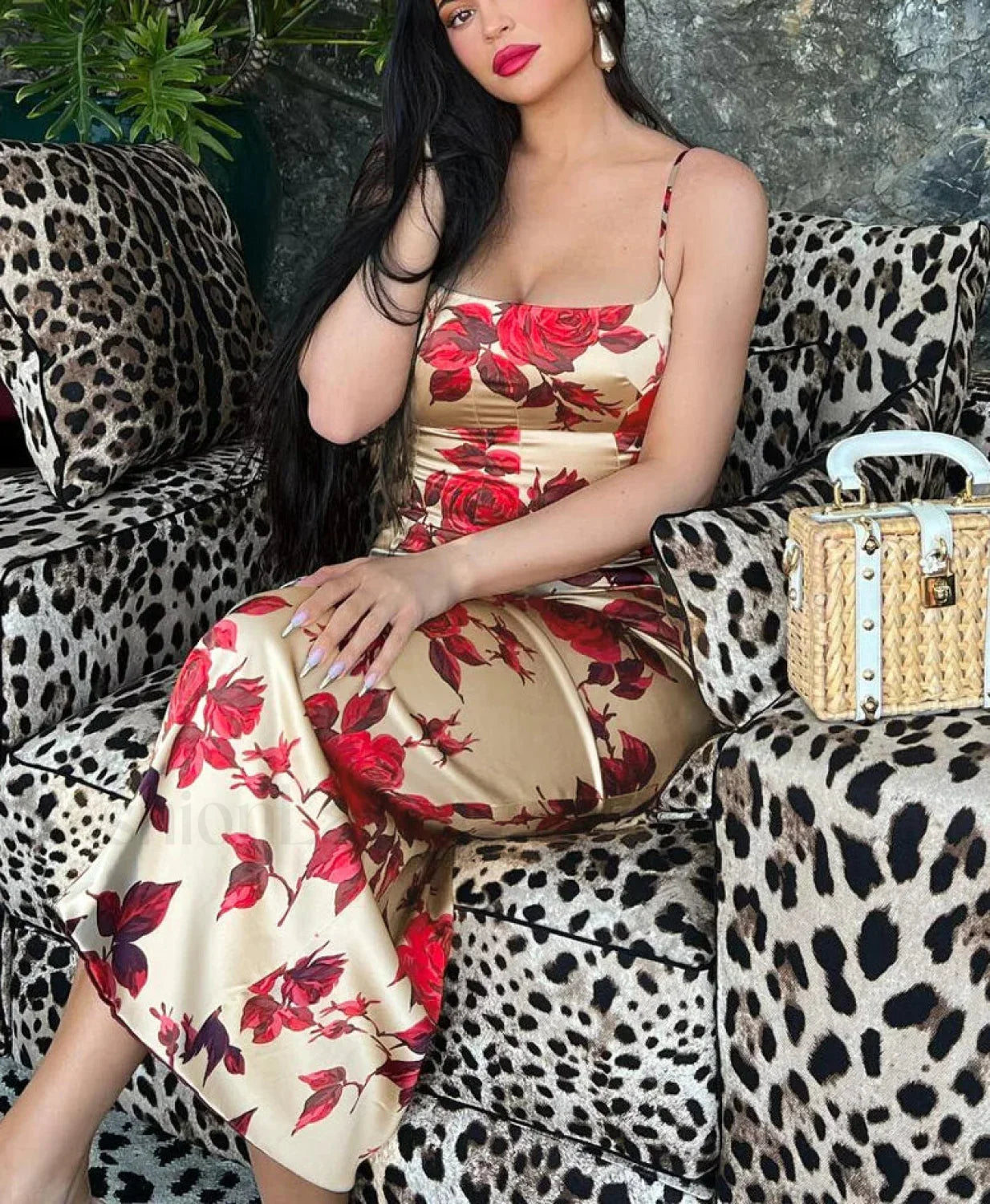 Floral Satin Strap Midi Dress Red / S