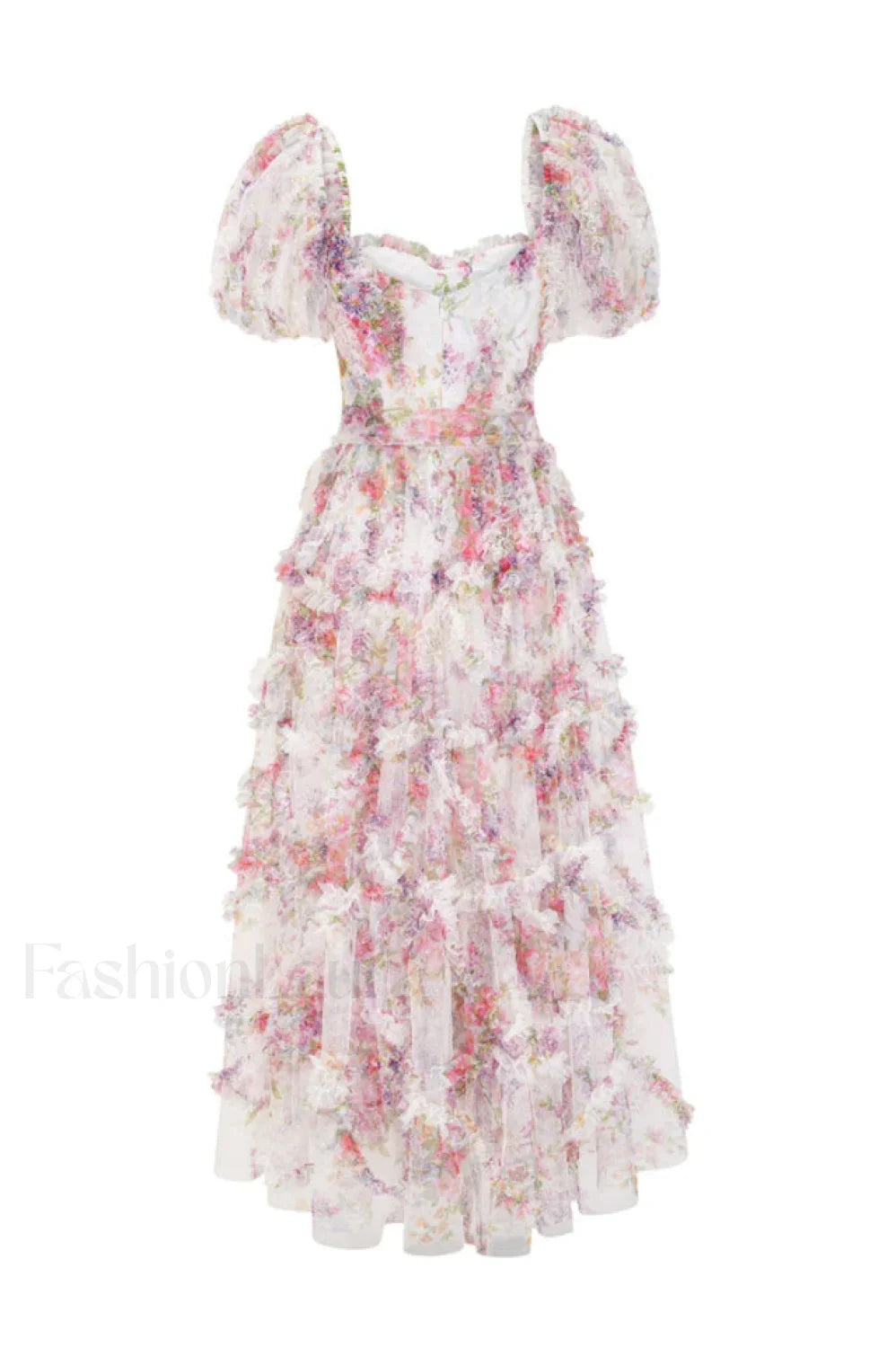 Floral Tulle Puff Sleeve Graceful Bow Tie Maxi Dress