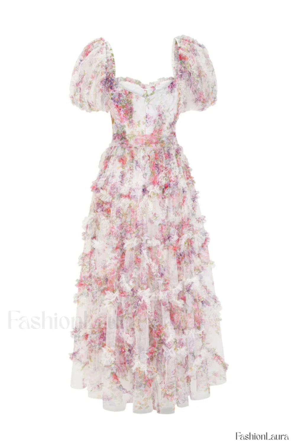 Floral Tulle Puff Sleeve Graceful Bow Tie Maxi Dress