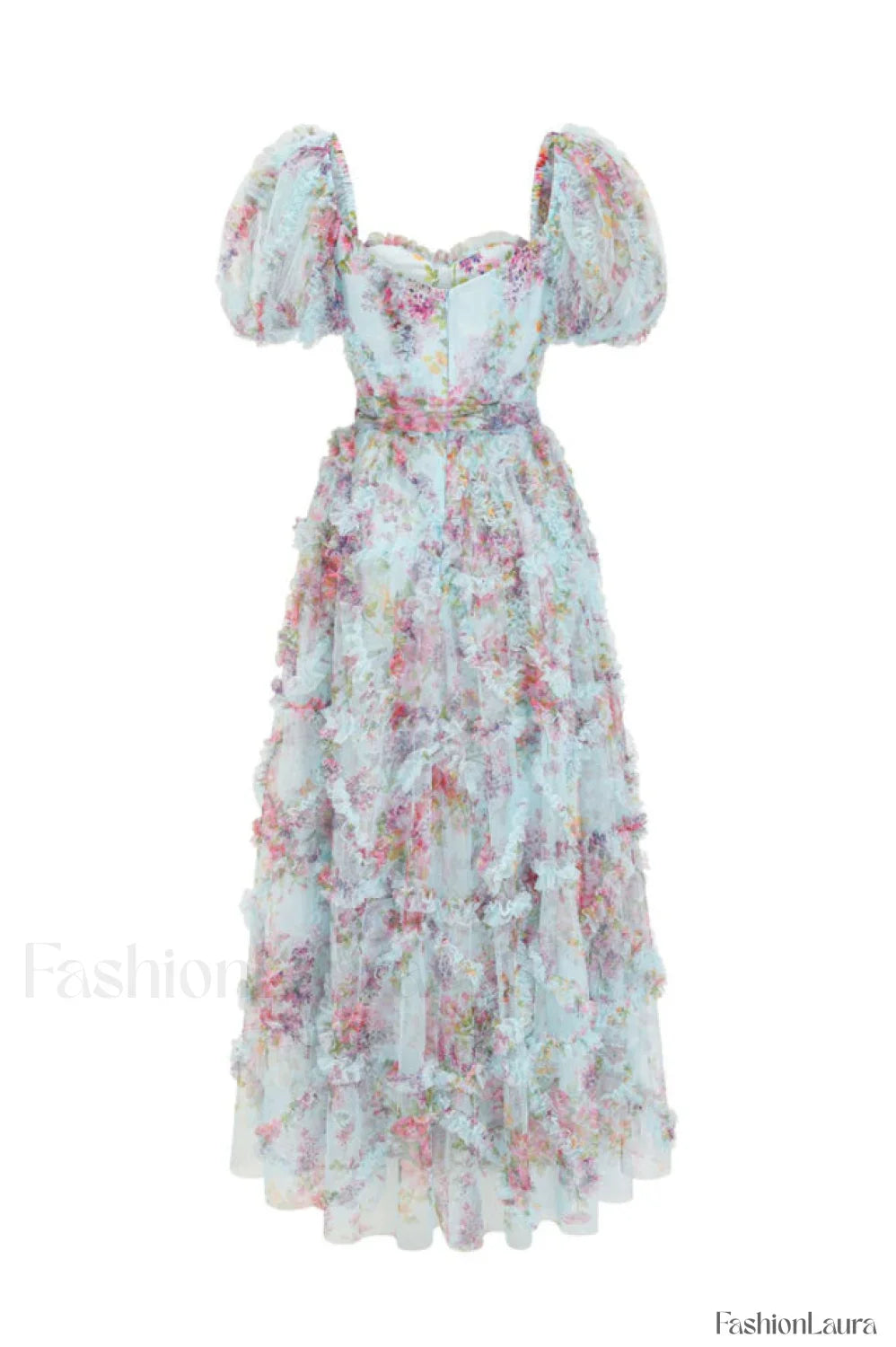 Floral Tulle Puff Sleeve Graceful Bow Tie Maxi Dress