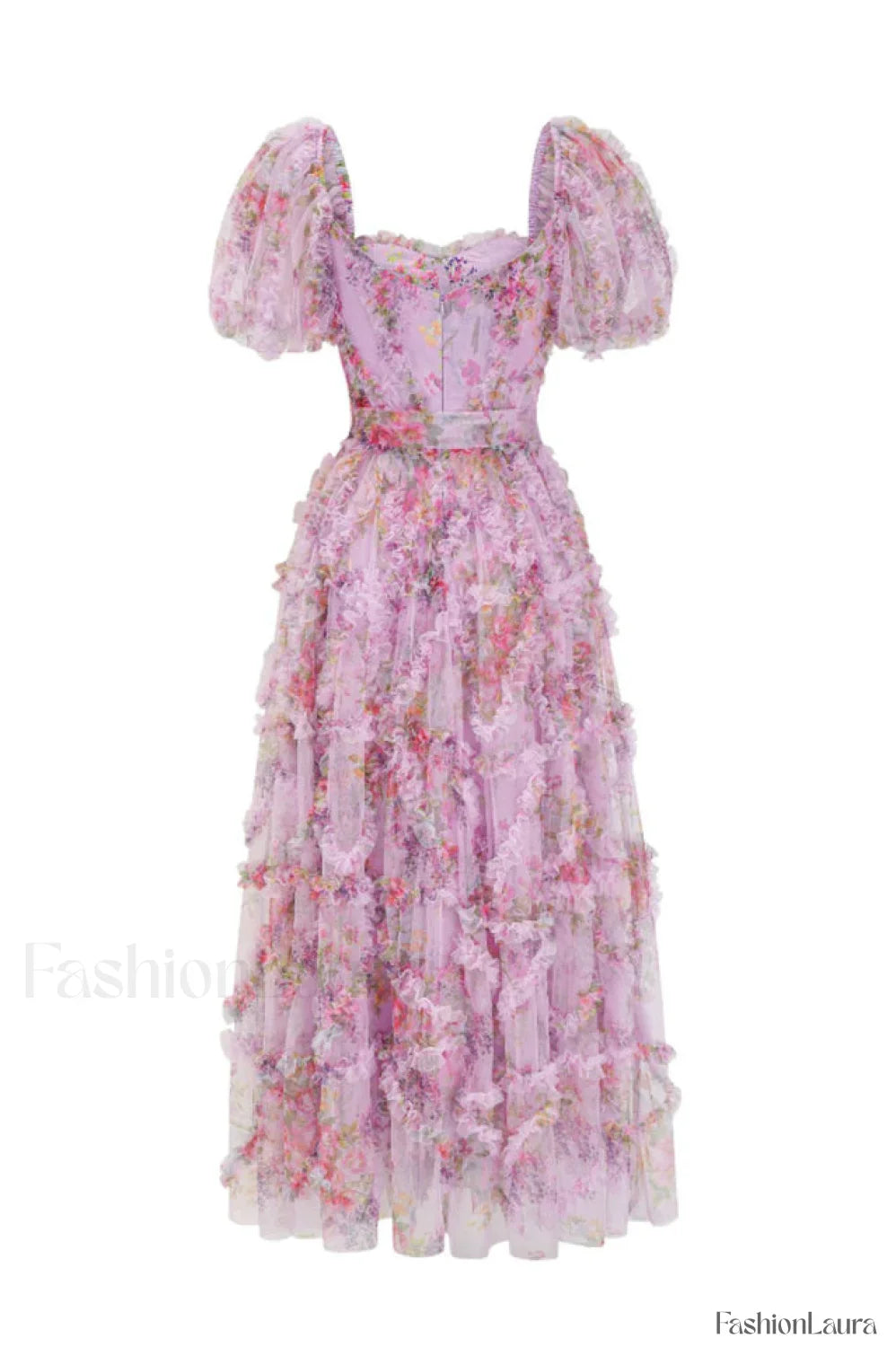 Floral Tulle Puff Sleeve Graceful Bow Tie Maxi Dress