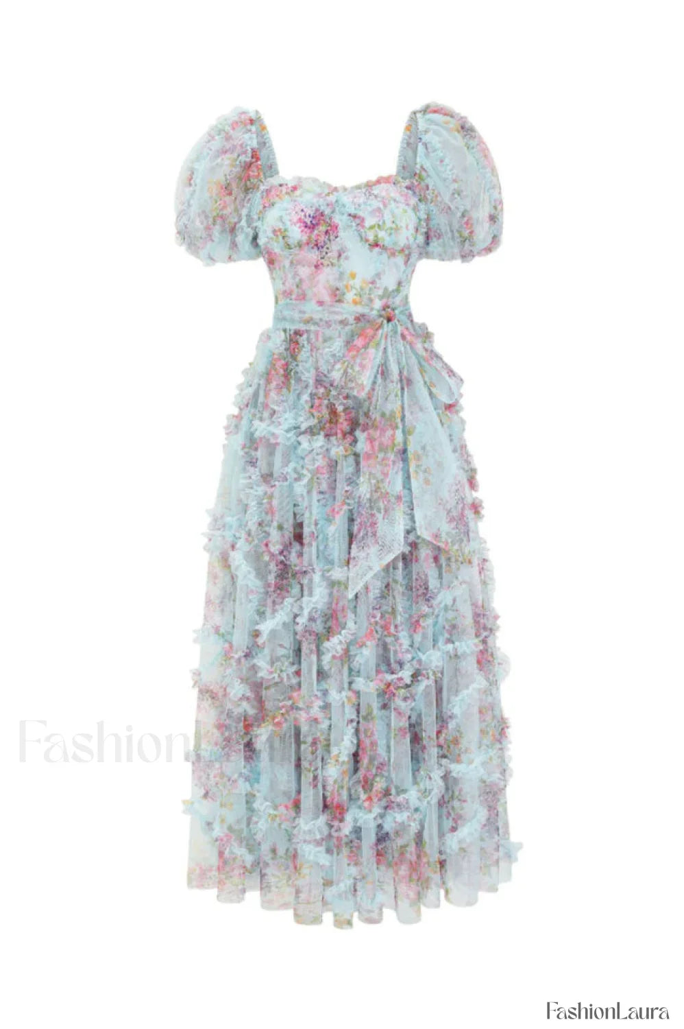 Floral Tulle Puff Sleeve Graceful Bow Tie Maxi Dress