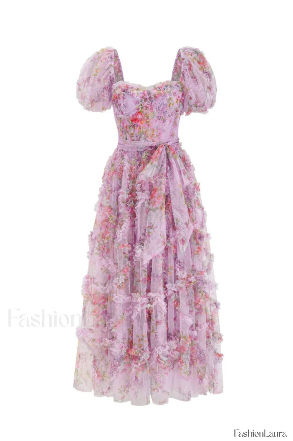 Floral Tulle Puff Sleeve Graceful Bow Tie Maxi Dress