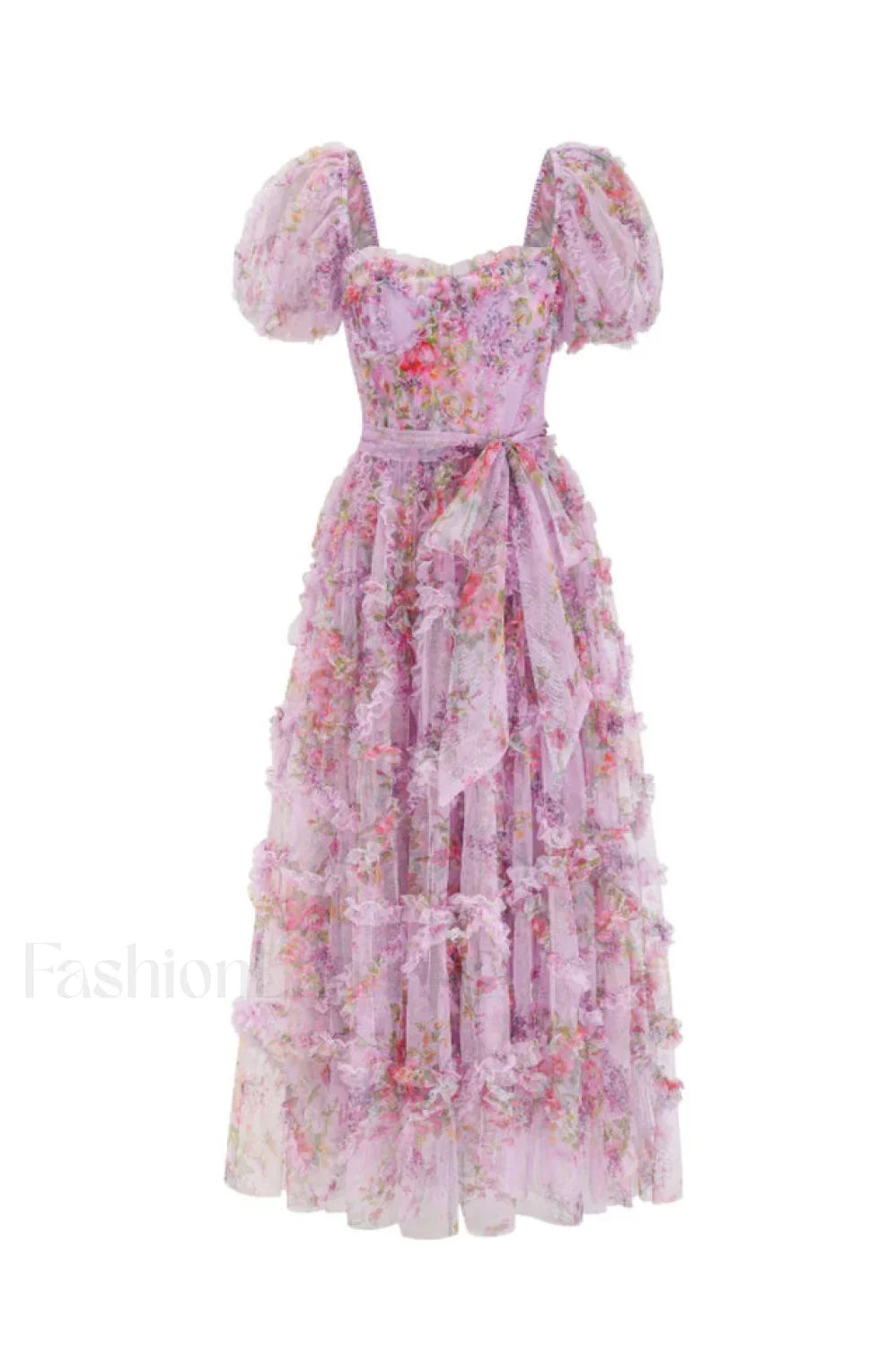Floral Tulle Puff Sleeve Graceful Bow Tie Maxi Dress