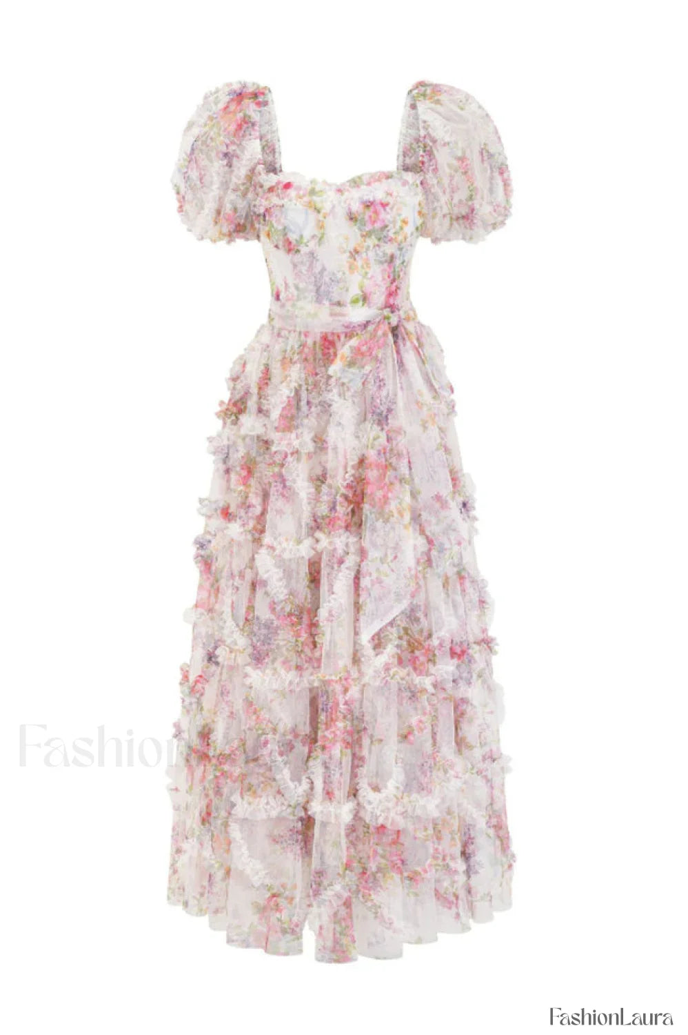 Floral Tulle Puff Sleeve Graceful Bow Tie Maxi Dress