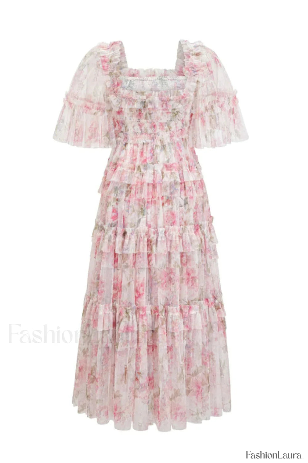 Floral Tulle Ruffle Charming Layered Maxi Dress