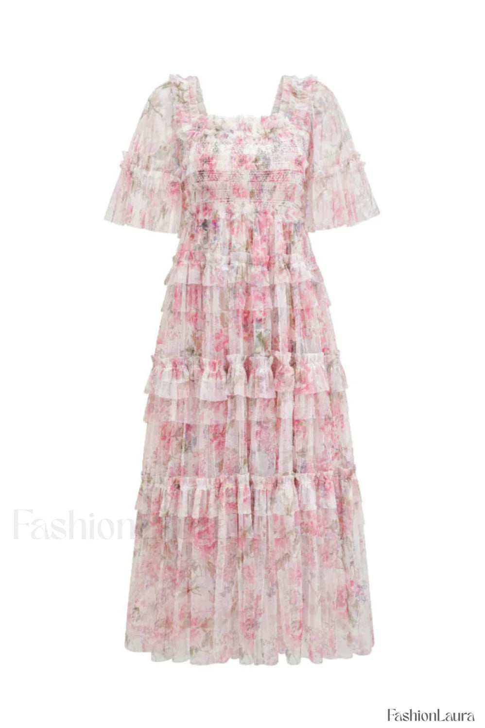 Floral Tulle Ruffle Charming Layered Maxi Dress
