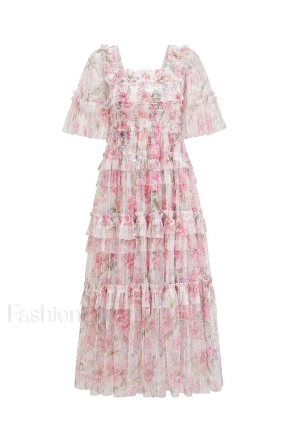 Floral Tulle Ruffle Charming Layered Maxi Dress