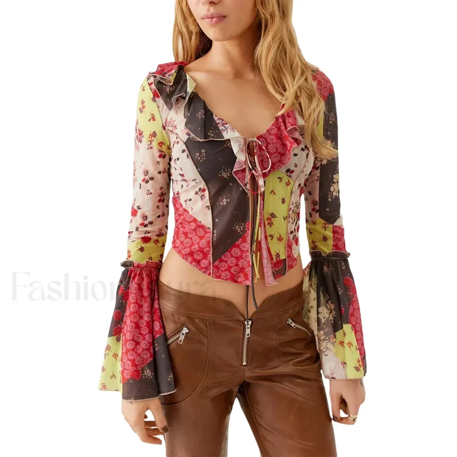 Floral V Neck Sleeve White Tops Clothes Blouse Red / S