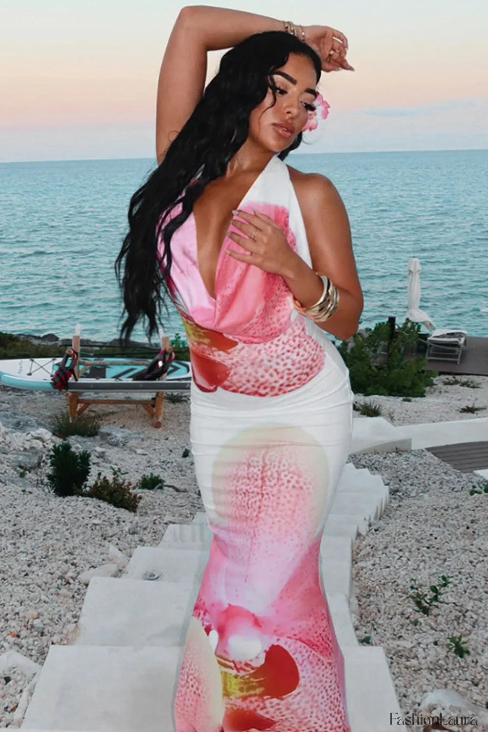 Floral Waist-Cinched Backless Tie Maxi Dress