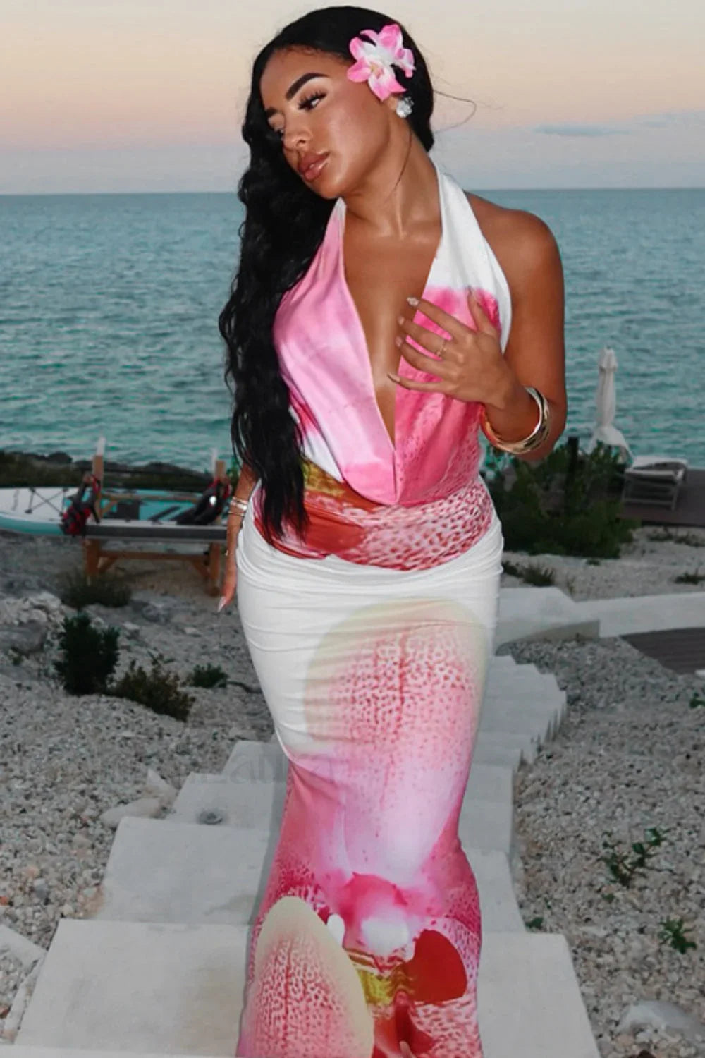 Floral Waist-Cinched Backless Tie Maxi Dress