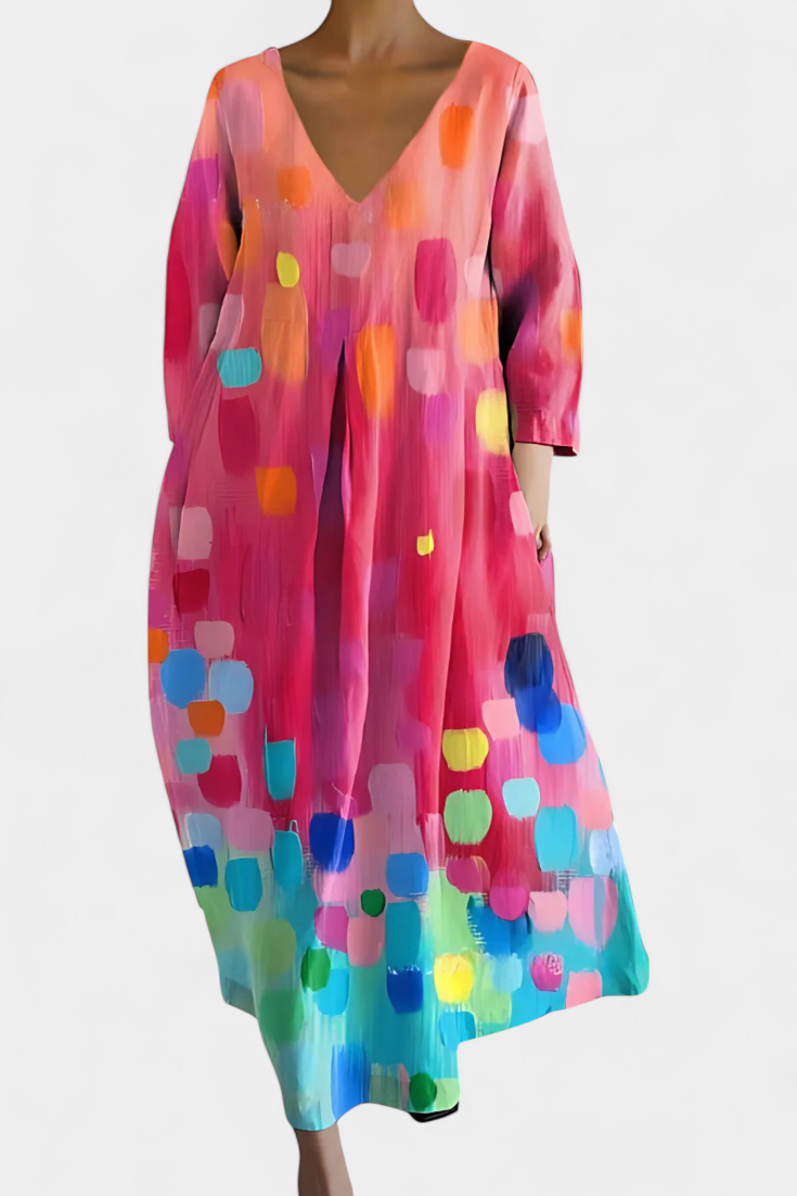 Abstract Print V-Neck Three Quarter Sleeve Oversized Maxi Dress