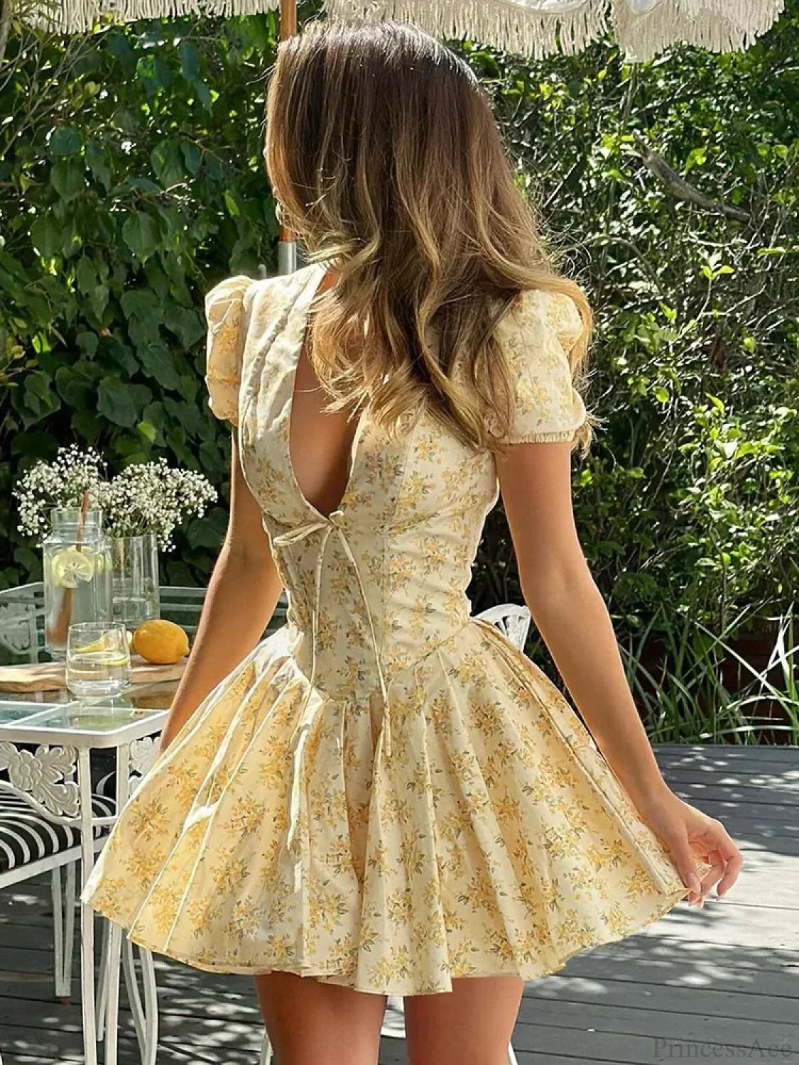 Flower Print Deep V-Neck Mini Dress Yellow / S minidress-250223