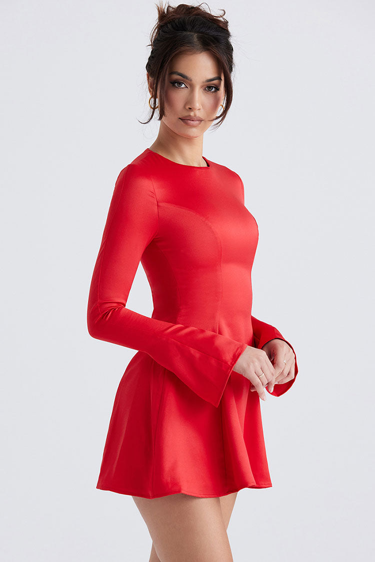 Satin Boat Neck Bell Sleeve Fit and Flare Mini Dress
