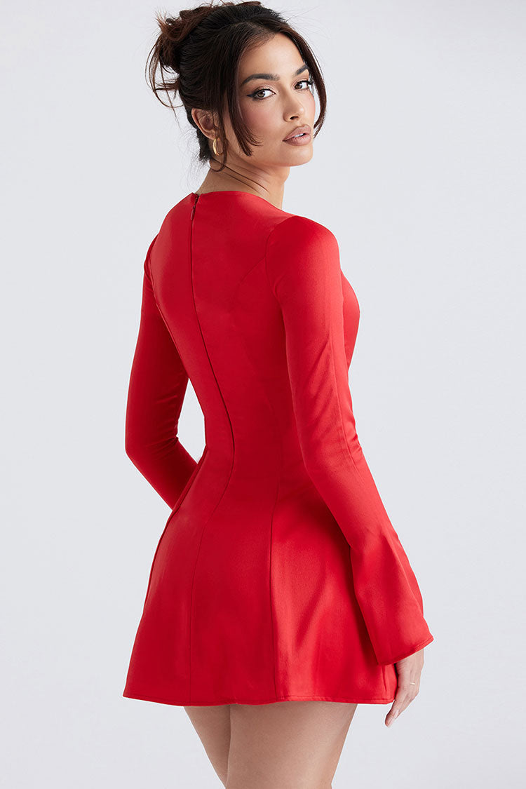 Satin Boat Neck Bell Sleeve Fit and Flare Mini Dress