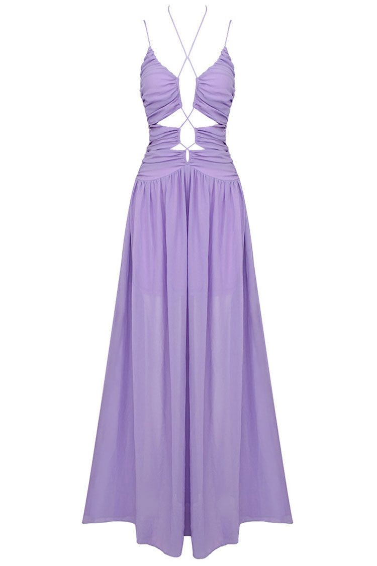 Flowy Deep V Cutout Ruched Sleeveless Chiffon Evening Maxi Dress - Purple 5
