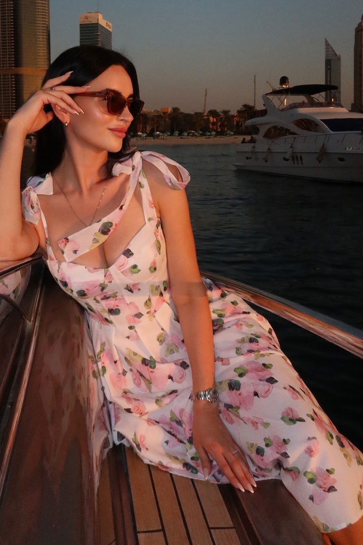 Flowy Floral Tie Strap Sweetheart Bustier Lace Up Fit & Flare Midi Sundress