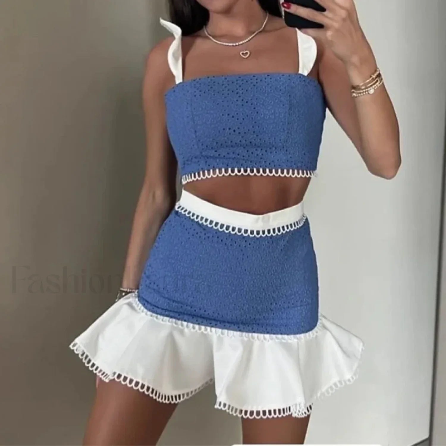 Flying Sleeve Crop Skirt Two Piece Set 01 Blue White / S
