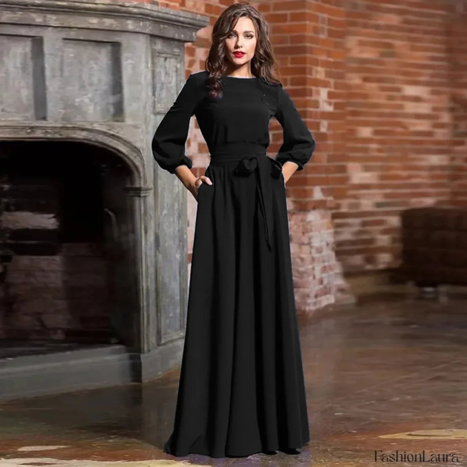 For Women 2024 Long Sleeve Crew Neck Solid Color Lantern Sleeve With Belt Formal Elegant Prom Dress
