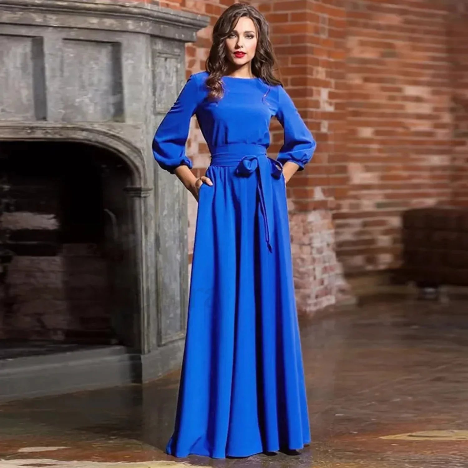 For Women 2024 Long Sleeve Crew Neck Solid Color Lantern Sleeve With Belt Formal Elegant Prom Dress