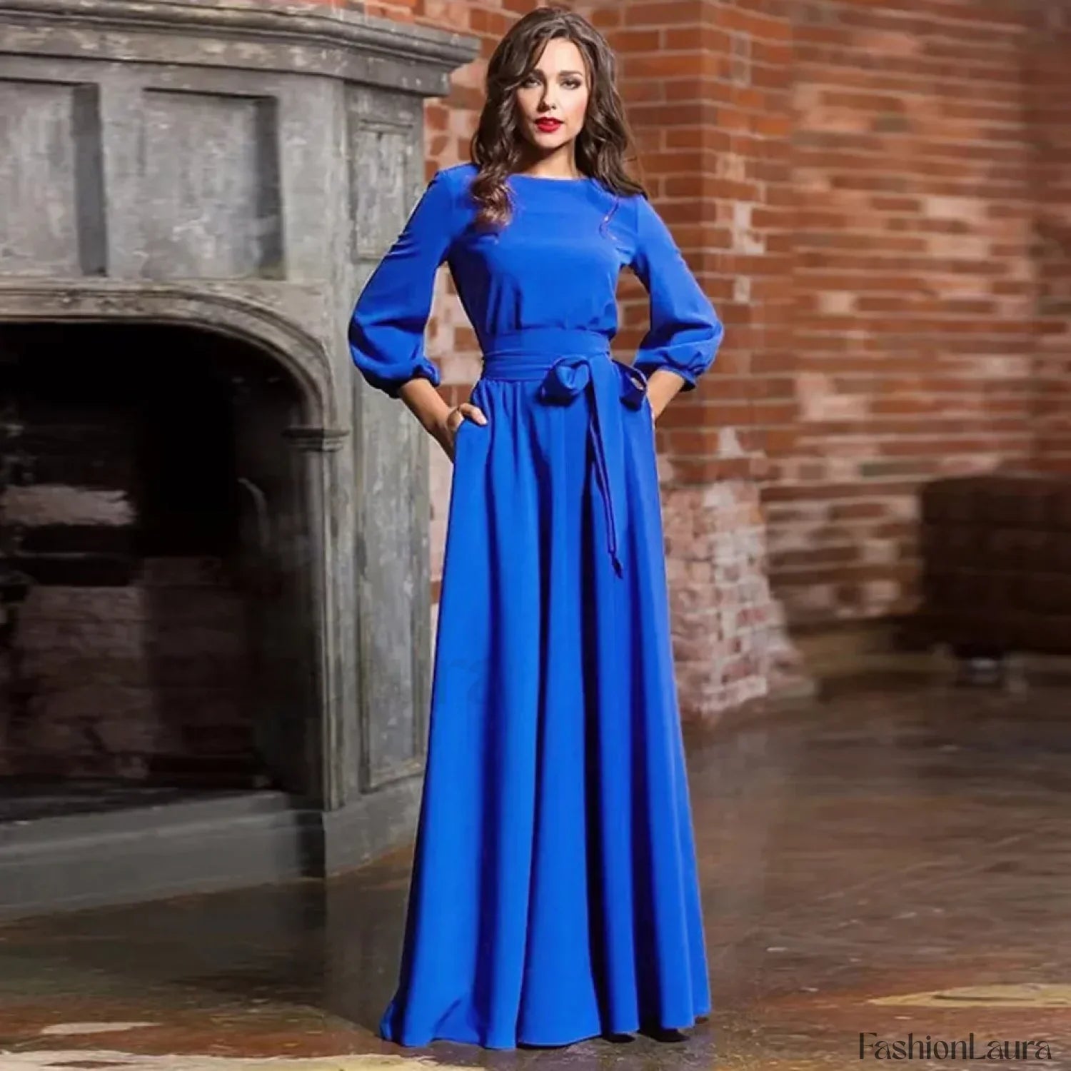 For Women 2024 Long Sleeve Crew Neck Solid Color Lantern Sleeve With Belt Formal Elegant Prom Dress