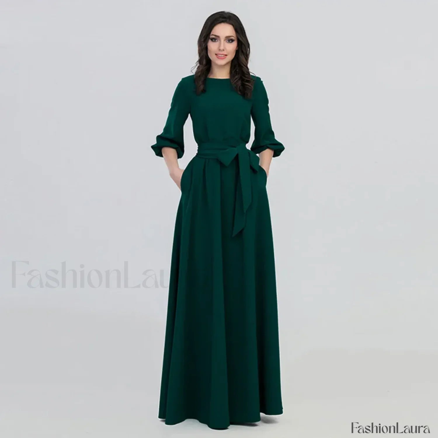For Women 2024 Long Sleeve Crew Neck Solid Color Lantern Sleeve With Belt Formal Elegant Prom Dress