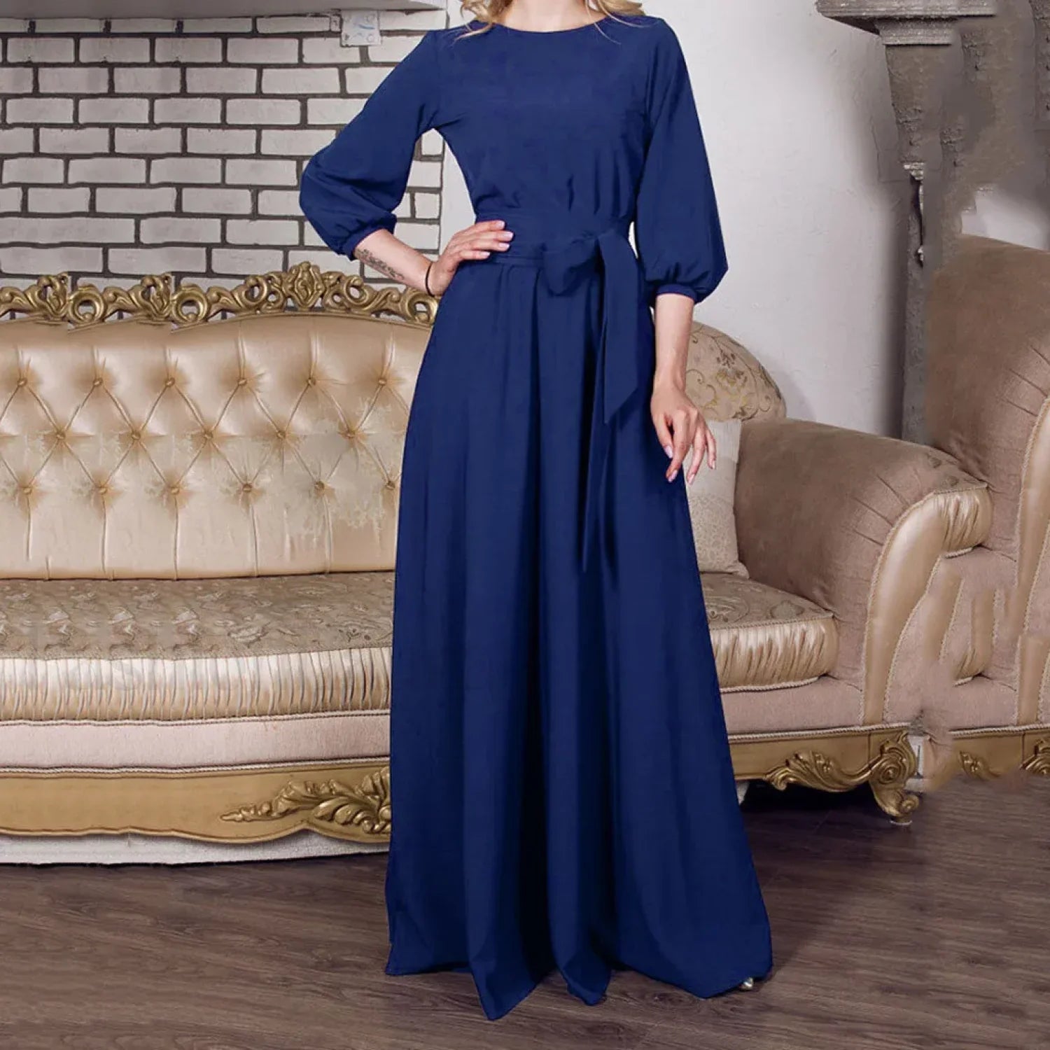 For Women 2024 Long Sleeve Crew Neck Solid Color Lantern Sleeve With Belt Formal Elegant Prom Dress